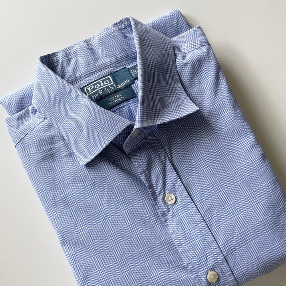 Polo by Ralph Lauren Regent Blue White Plaid Button Up Dress Shirt 17 34/35 L